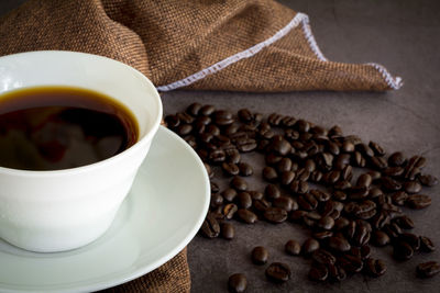 High angle view of coffee cup on table