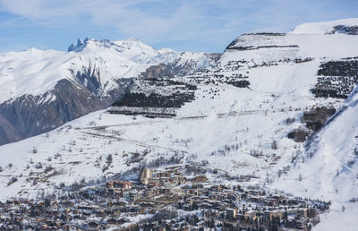 Aerial view of snow covered landscape