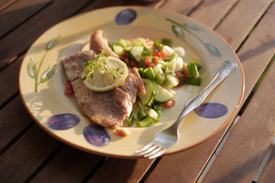 High angle view of breakfast served on table
