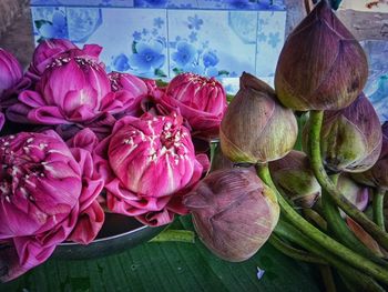 Close-up of pink roses on display at market