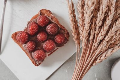 Close-up of raspberries in plate