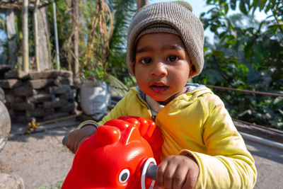 Portrait of cute boy wearing hat