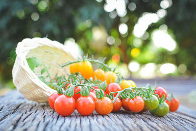 Close-up of cherry tomatoes and wicker basket on table