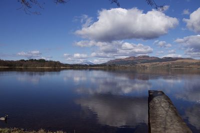 Scenic view of lake by mountain against sky