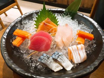 High angle view of fish on table