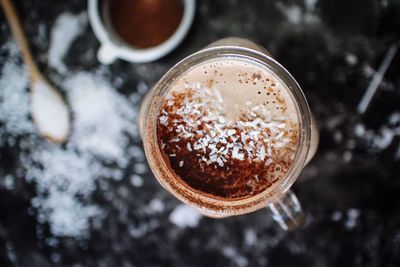 High angle view of coffee on table