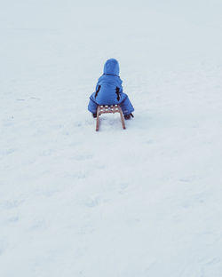 Rear view of boy sitting on sledge over snow covered field