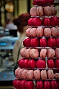 Close-up of colorful macaron for sale