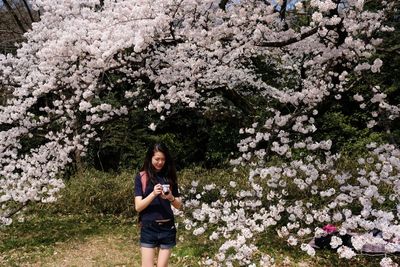 Full length of woman standing by cherry blossom