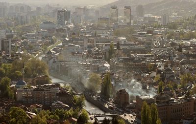 High angle view of buildings in city