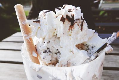 Close-up of ice cream in bowl on table