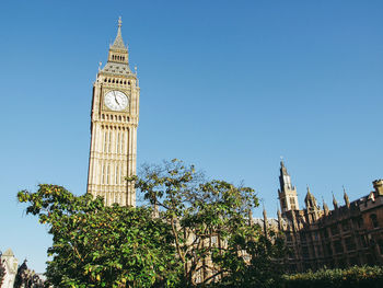 Low angle view of clock tower against sky in city