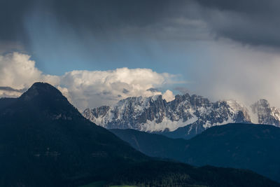 Scenic view of mountains against cloudy sky