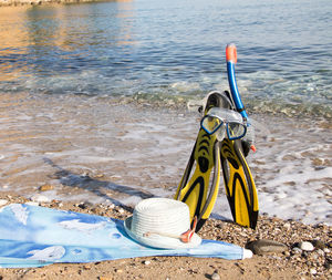 High angle view of shoes on beach