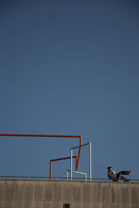 Low angle view of men against clear blue sky