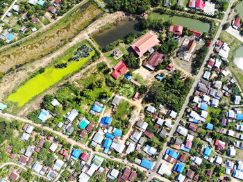 High angle view of houses and buildings in town