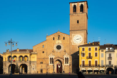 Low angle view of cathedral against clear blue sky