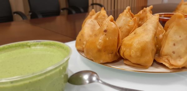 High angle view of meat in plate on table