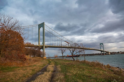Suspension bridge over sea against sky