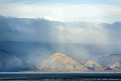 Scenic view of sea and mountains against sky