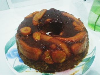 High angle view of cake in plate on table