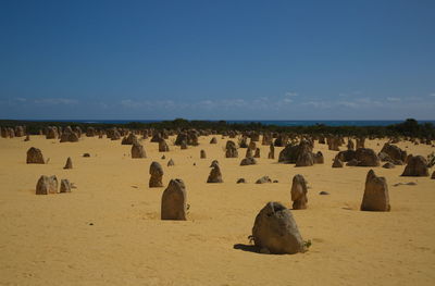 Panoramic view of rocks on beach against blue sky