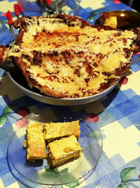 High angle view of cake in plate on table