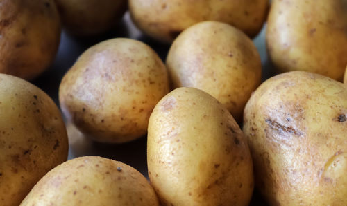 Top view at uncooked potatoes on a metallic surface. kitchen concept.