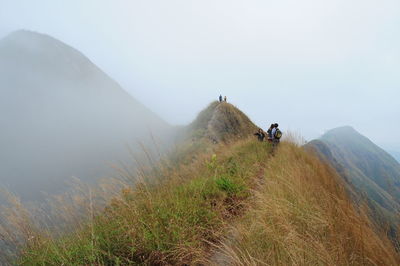 People climbing on mountain against sky