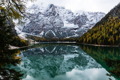 Scenic view of snowcapped mountains and lake