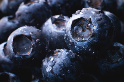 Wet fresh blueberry background. studio macro photography. blueberries covered with water drops, on a