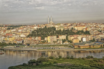 High angle view of buildings against cloudy sky