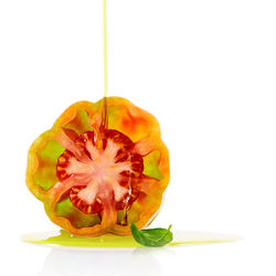 Close-up of orange fruit against white background