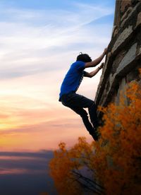 Low angle view of man by tree against sky during sunset