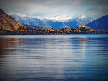 Scenic view of lake and mountains against sky