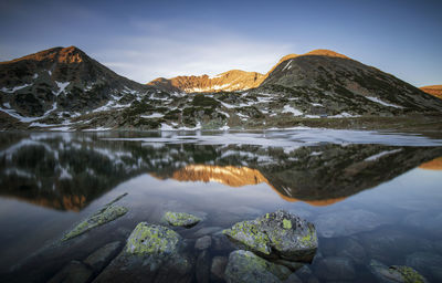 Scenic view of lake by snowcapped mountains against sky