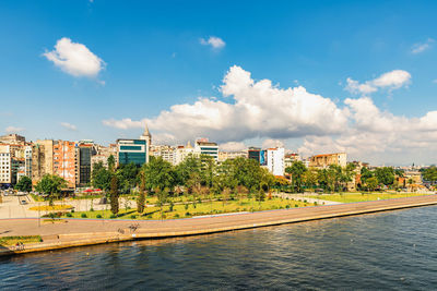 Buildings by river against blue sky