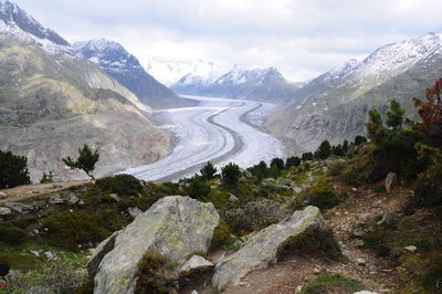 Scenic view of mountains against cloudy sky