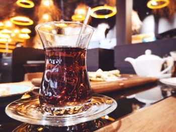 Close-up of coffee served on table