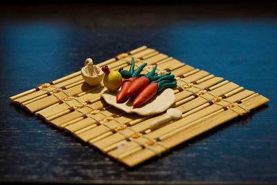 High angle view of objects on table