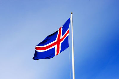 Low angle view of flag against clear blue sky