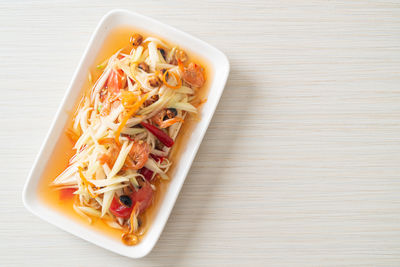 High angle view of food in plate on table