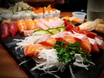 Close-up of seafood served on table