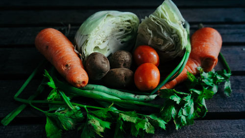 High angle view of vegetables on table