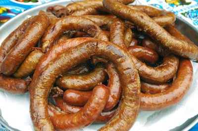 Close-up of pretzels in plate on table