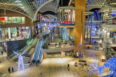 Aerial view of illuminated shopping mall