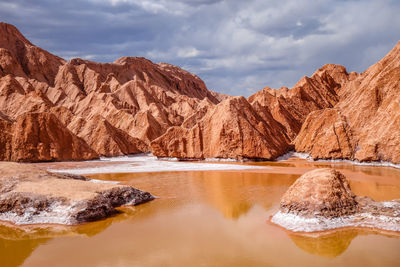Scenic view of rocks in mountains against sky