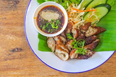 High angle view of food served in plate
