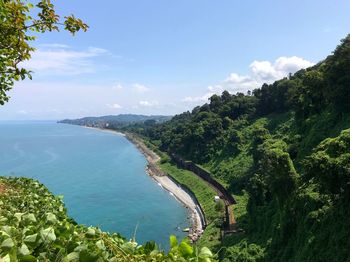 High angle view of bay against sky