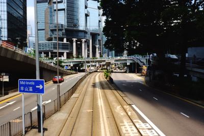 View of railroad tracks with city in background